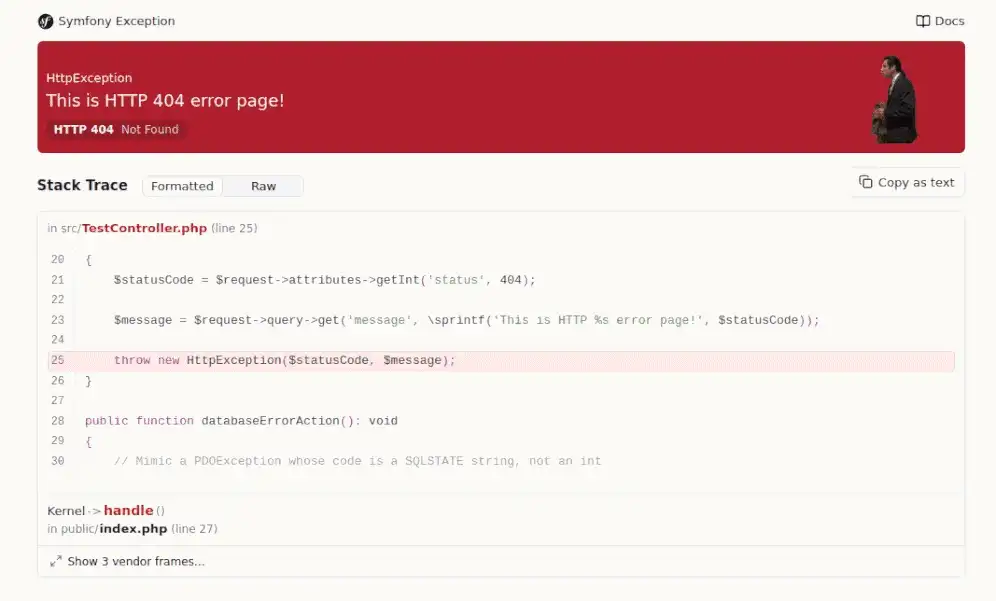 Symfony Exception page with a custom GIF on top for fun.