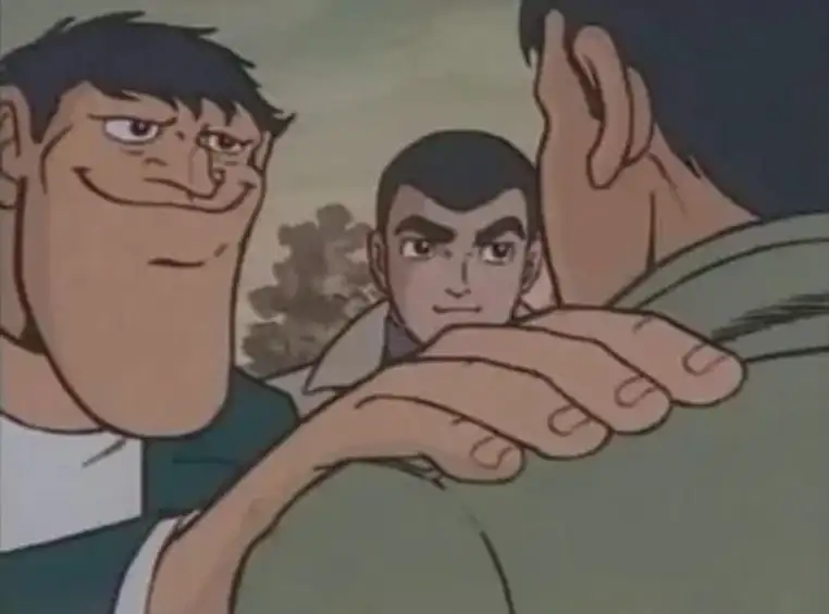 meme: Retro anime meme showing a man with an exaggeratedly large, prominent chin and a mischievous smile placing his hand on the shoulder of another man seen from behind, while a third man in the background watches with a knowing, sly expression.
