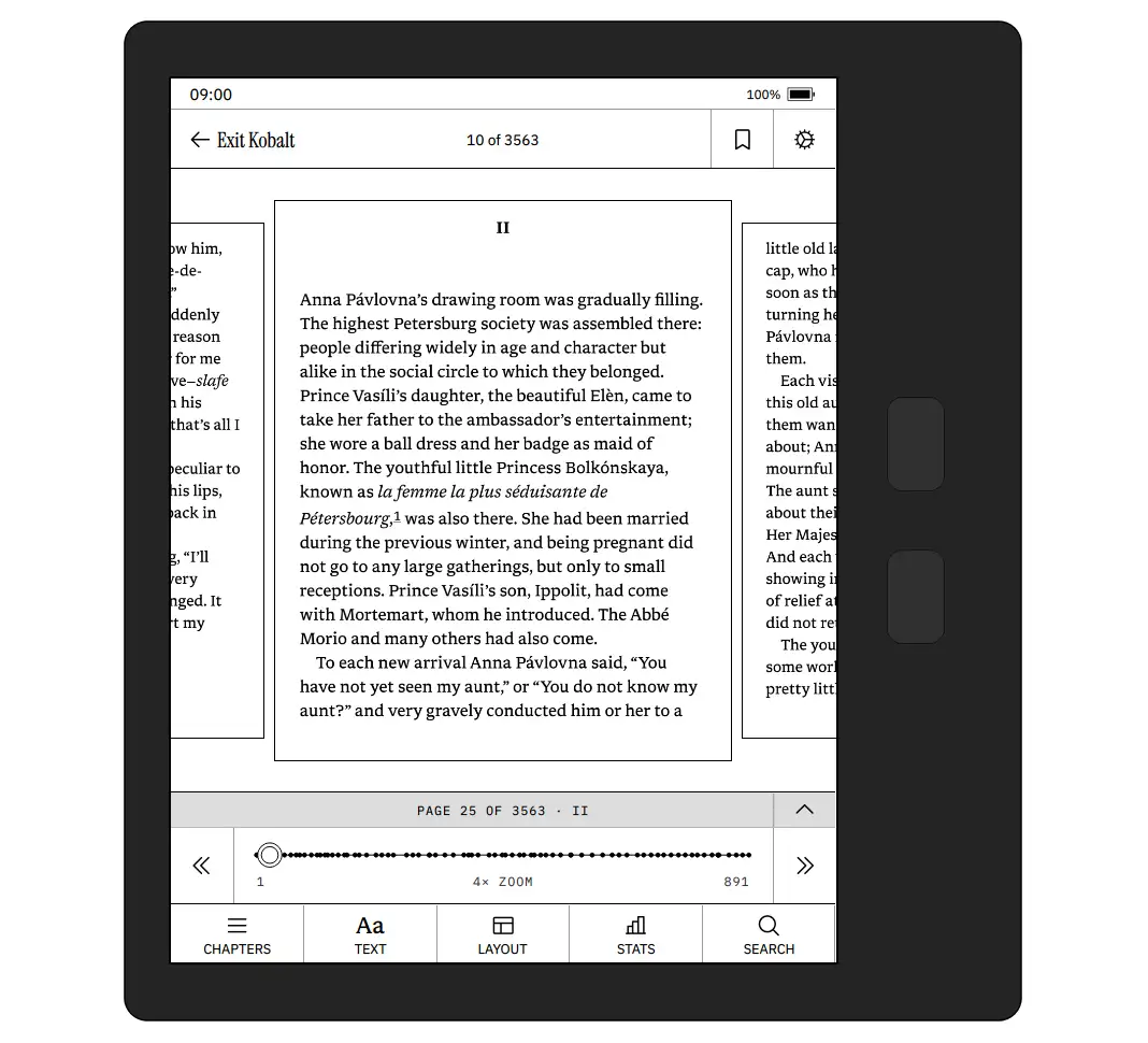 A screenshot of Kobalt, an e-reader app for reading EPUB files on e-paper devices, running on a simulator.