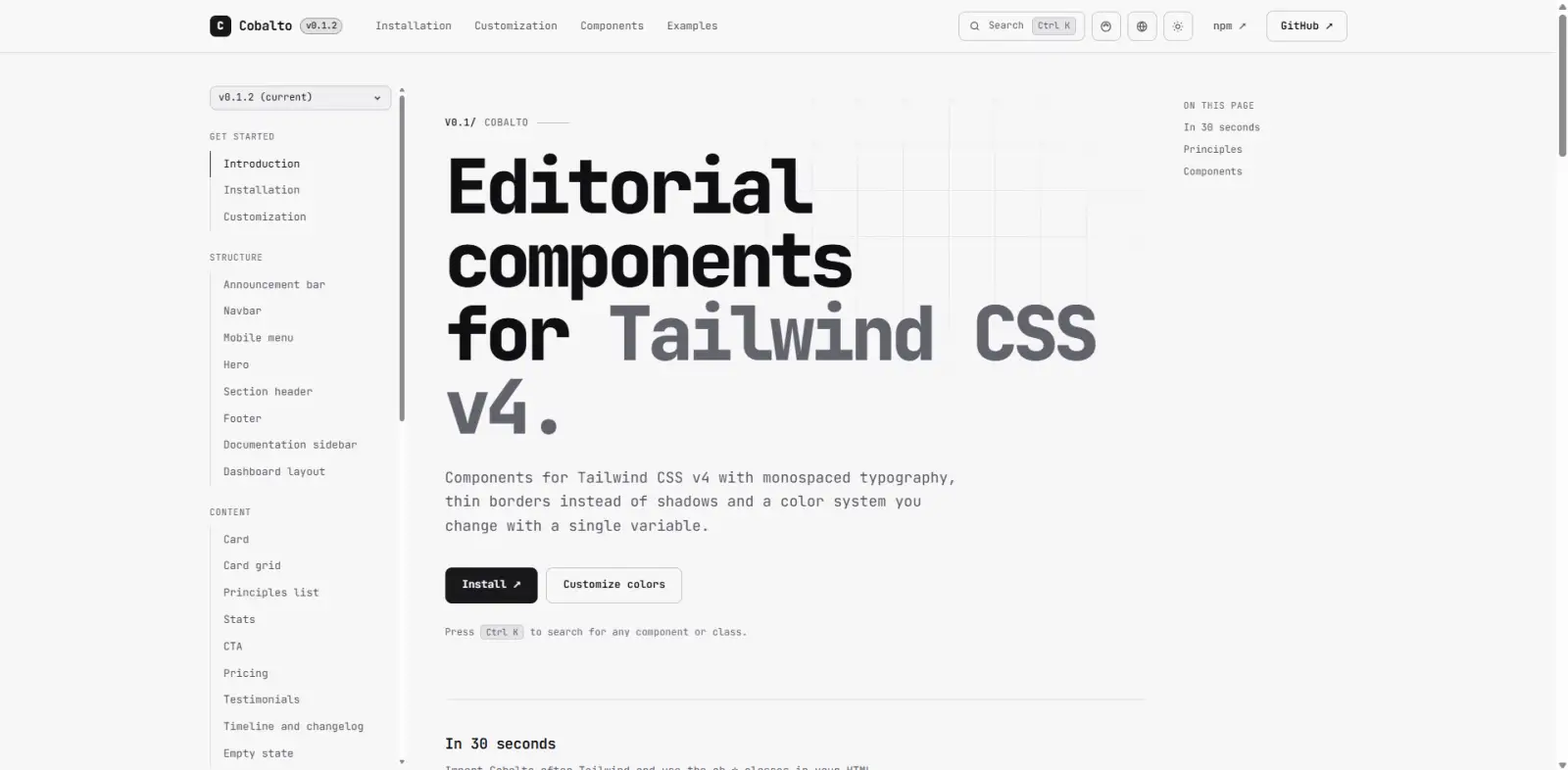 Cobalto landing page in dark mode with the headline "Editorial components for Tailwind CSS v4." in large monospaced type.