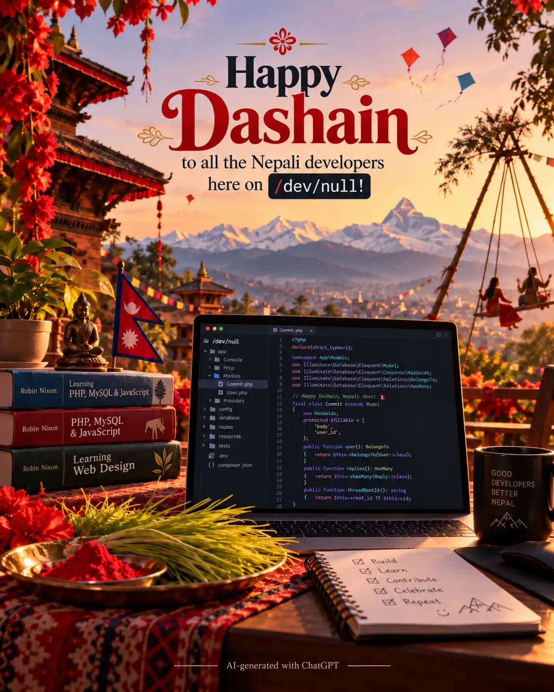 A Dashain greeting for Nepali developers on /dev/null, featuring the Himalayas, traditional Nepali festivities, Robin Nixon's PHP books, and a laptop displaying Laravel/PHP code. Generated with ChatGPT 6.1 Sol.