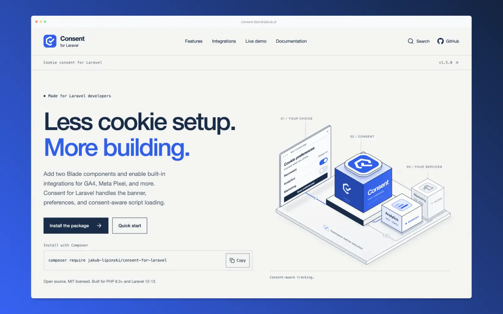 Consent for Laravel website hero section with introduction and composer command to install