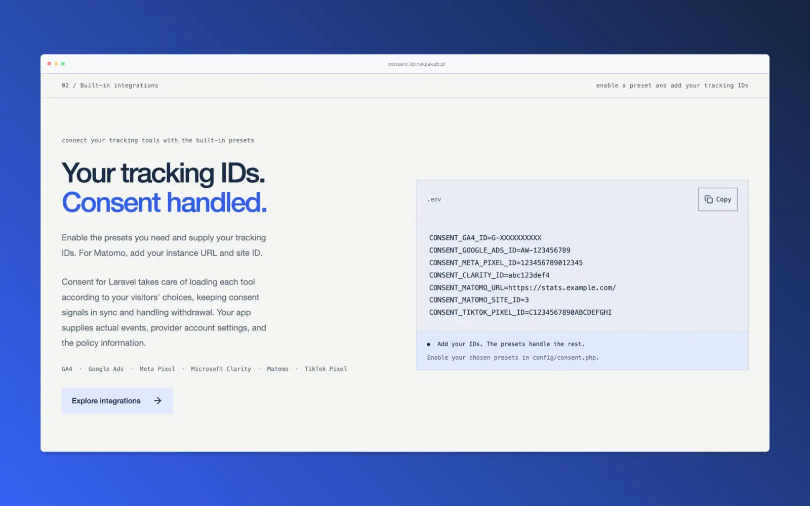 Consent for Laravel website integrations section presenting built-in integrations , for example - Google Analytics and Google Ads