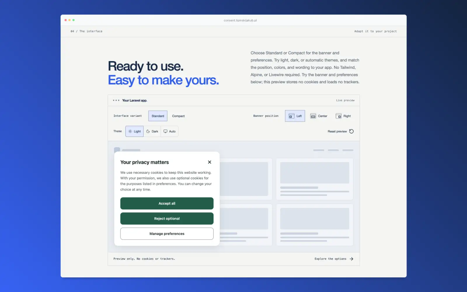 Consent For Laravel website banner section showing the design, modes and customization