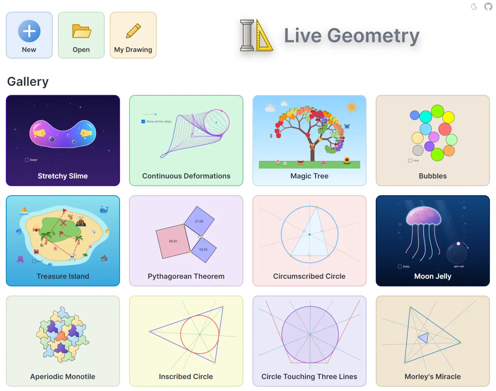 home page of Live Geometry, showing the New and Open buttons at the top, and a 3x4 grid of colorful geometry-themed drawings