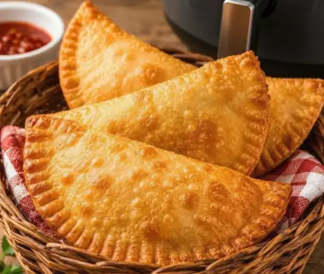 Close-up of several half-moon shaped, golden-brown fried Brazilian pastéis nestled in a woven wicker basket lined with a red-and-white checkered cloth. A small white bowl of red dipping sauce sits in the upper left corner, and an air fryer is visible in the background.