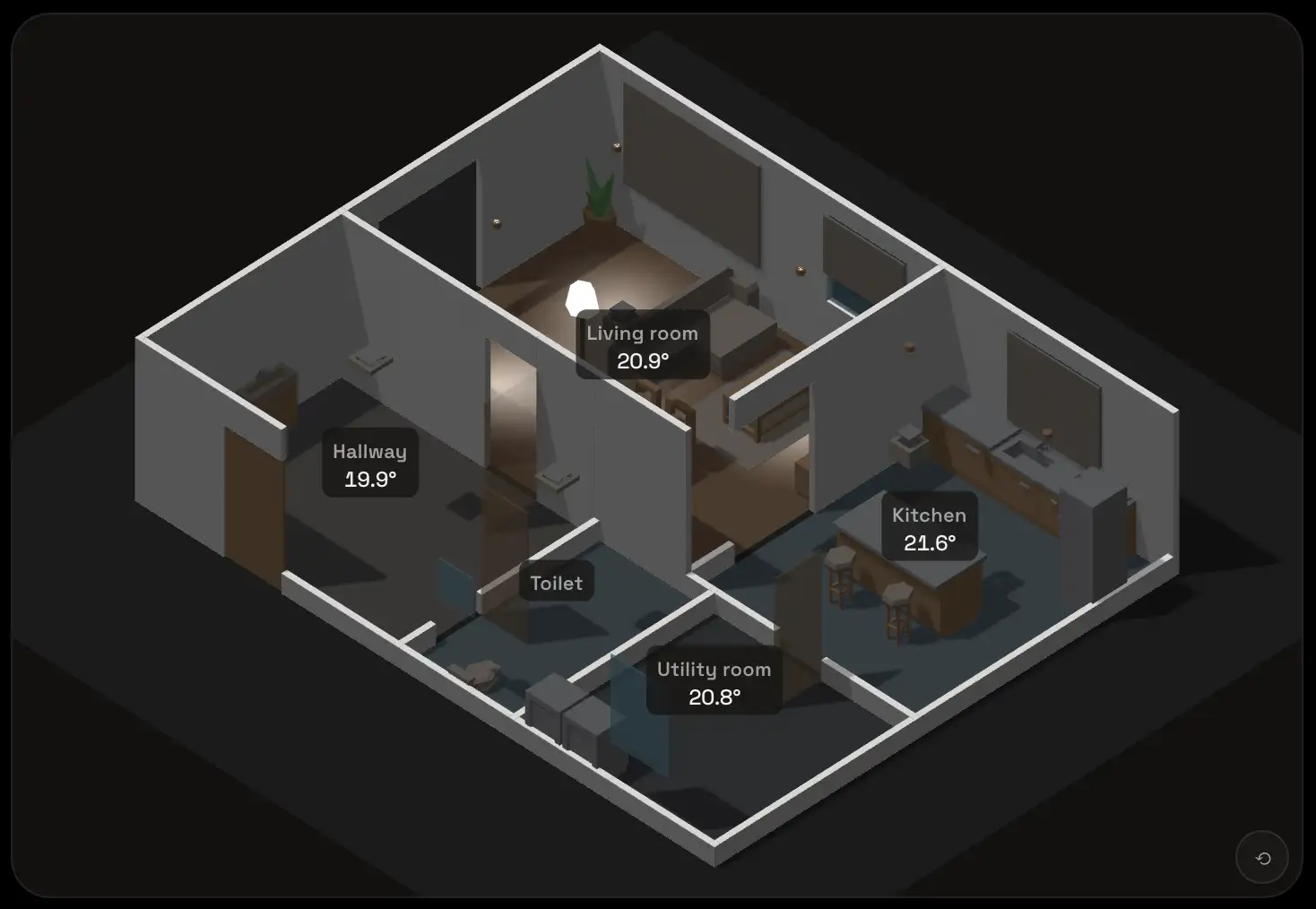 Floorplan in 2.5D for people to manage their smart home devices.