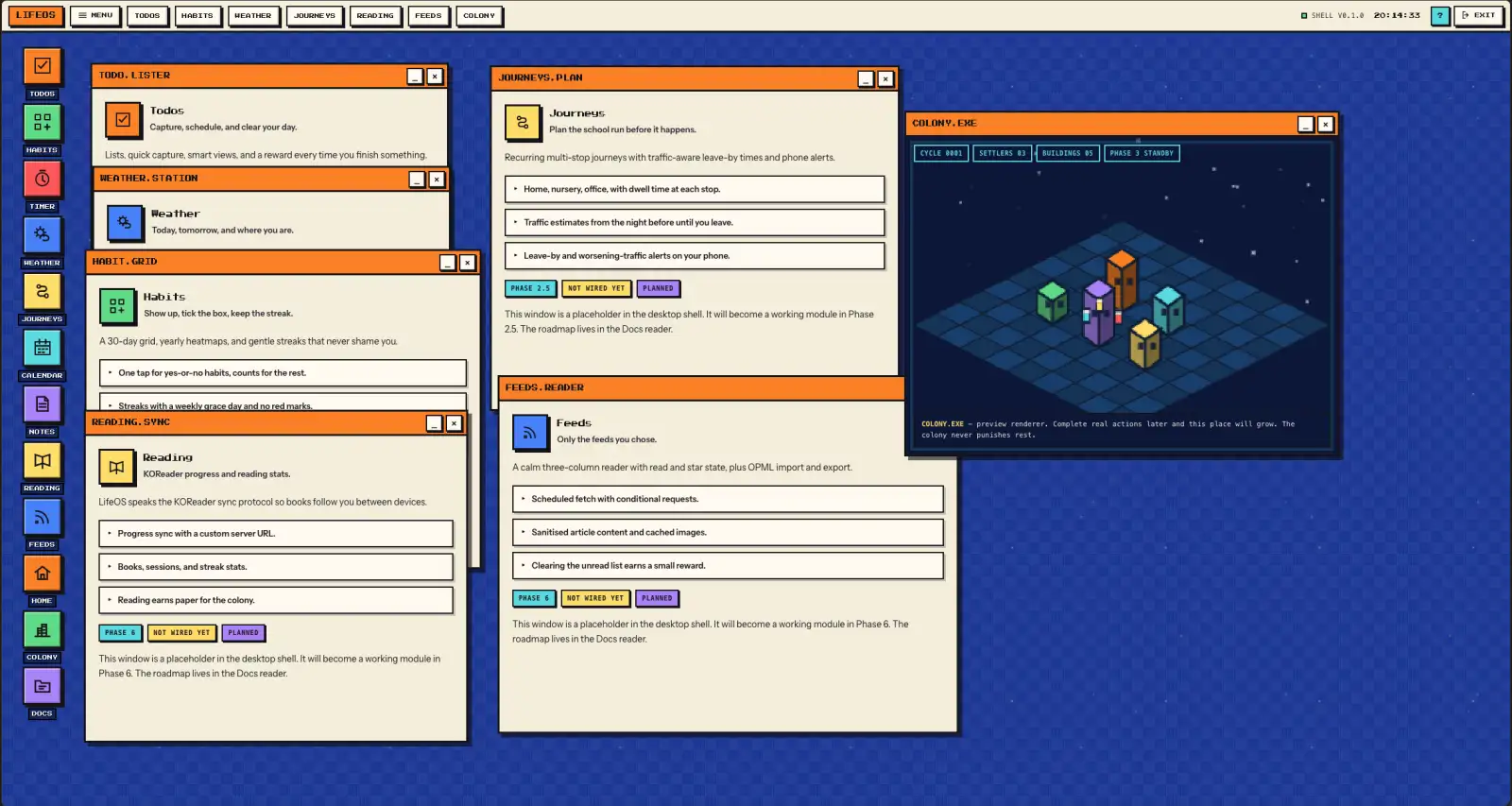 LifeOS v0.1.0 desktop mockup in AmigaOS-inspired neobrutalist pixel art. A top menu bar and icon sidebar frame overlapping cream windows for Todos, Weather, Habits and Reading, each with a bold orange title bar.