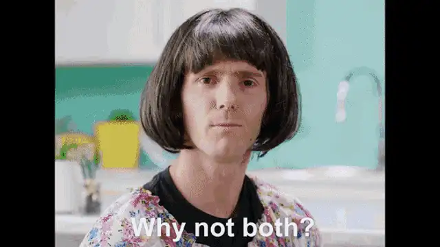 Linus wearing a cute wig saying "Why not both"?