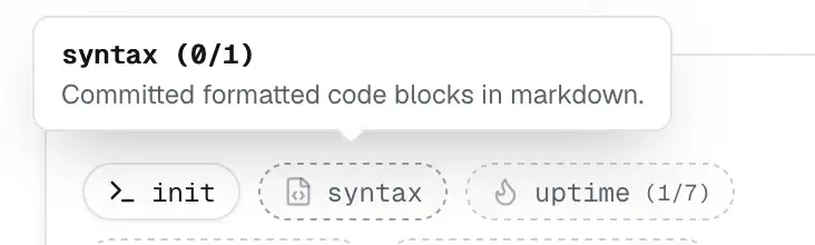 screenshot of an achievement badge called "syntax" with the description "committed formatted code blocks in markdown"