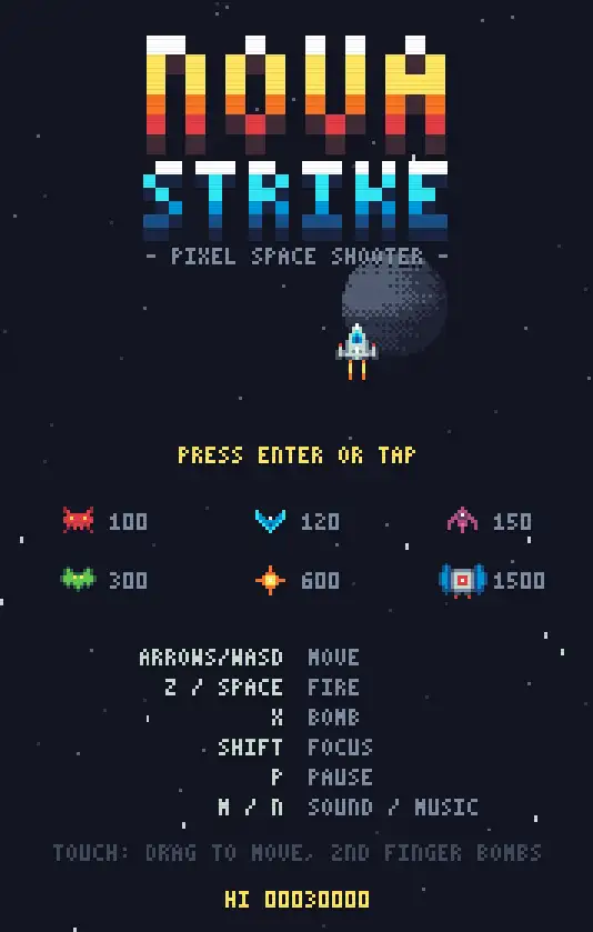 Pixel art title screen for a space shooter arcade game titled "Nova Strike - Pixel Space Shooter". The dark background features scattered white stars, a pixelated dark planet, and a small white spaceship with orange thrusters pointing upward. Below the title are yellow prompt text reading "PRESS ENTER OR TAP", point values for various pixelated alien enemies and items ranging from 100 to 1500, keyboard controls listing arrows/WASD to move, Z/space to fire, X for bomb, shift for focus, P to pause, and M/N for sound/music, touch instructions, and a high score display of "HI 00030000".