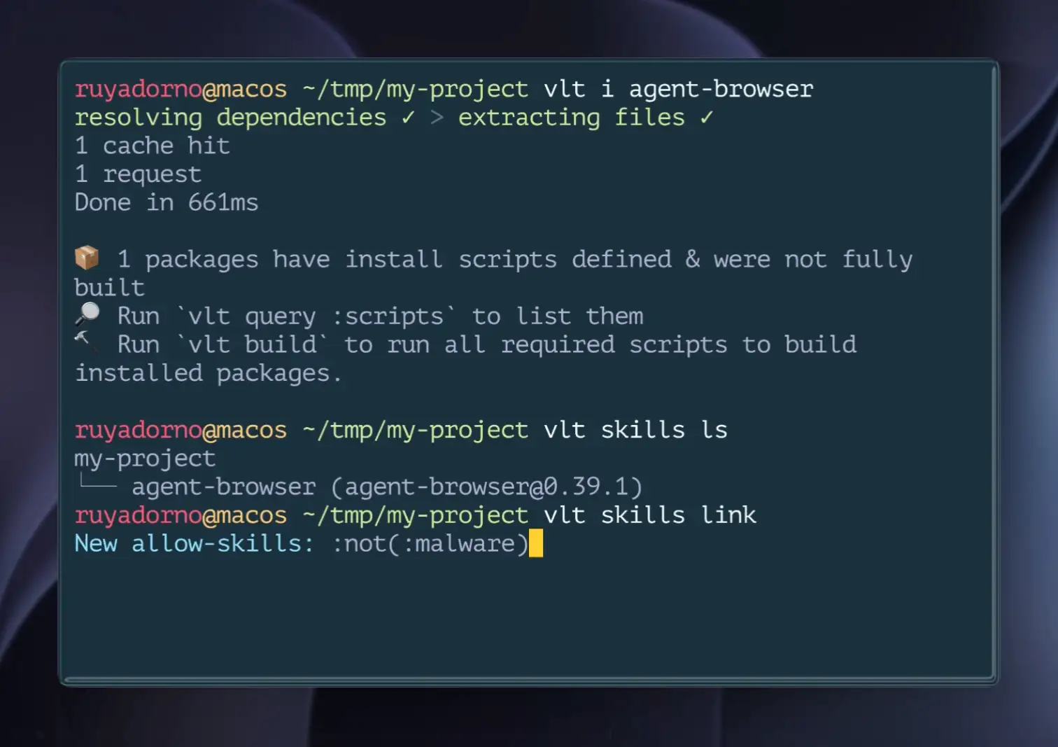 Demo of the `vlt skills` command at work.