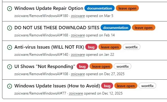 Screenshot of a GitHub issues list. Certain issues are labelled leave-open, to act as documentation.