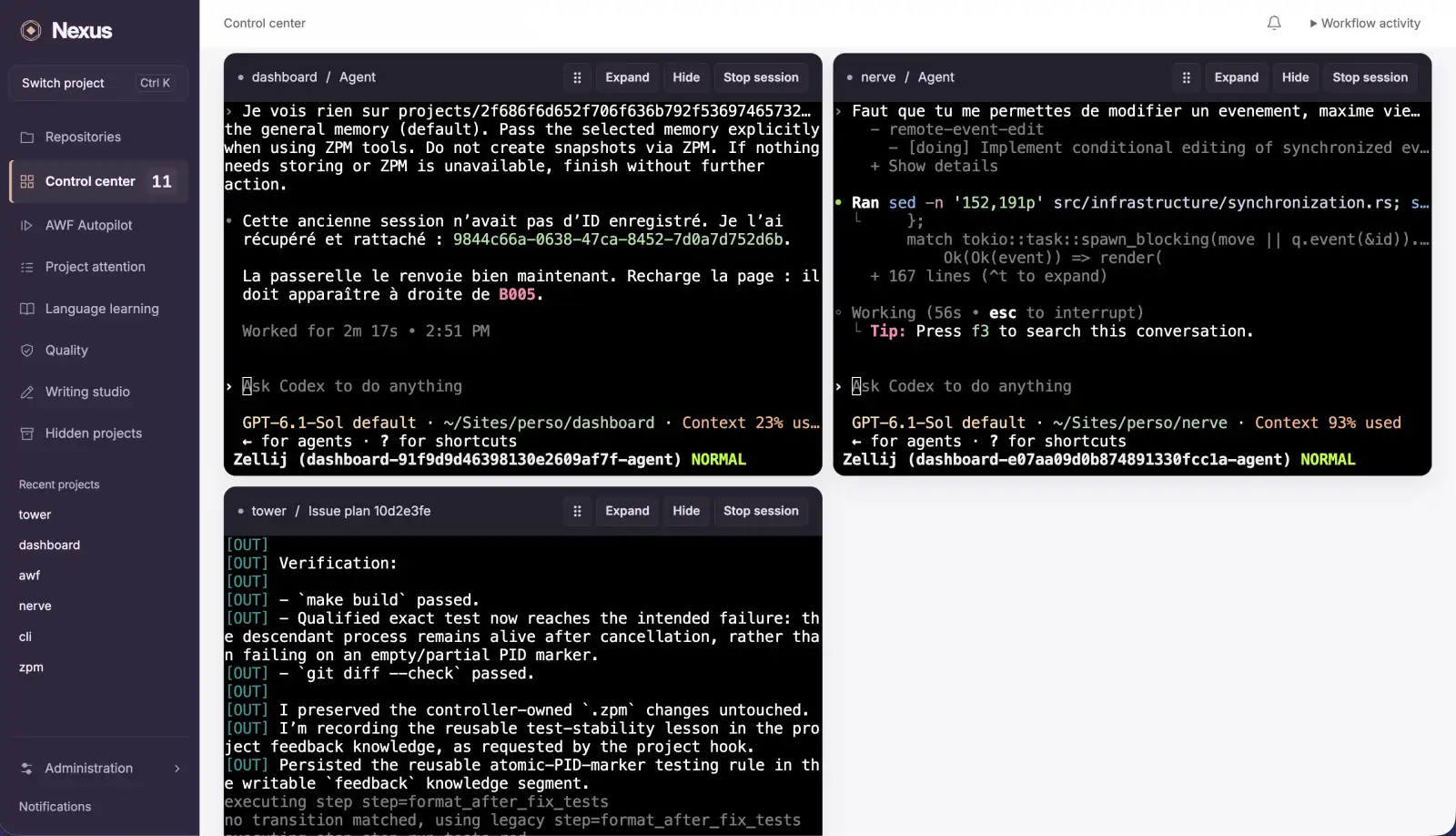 Screenshot of my dashboard running two codex sessions and one awf workflow through Zellij