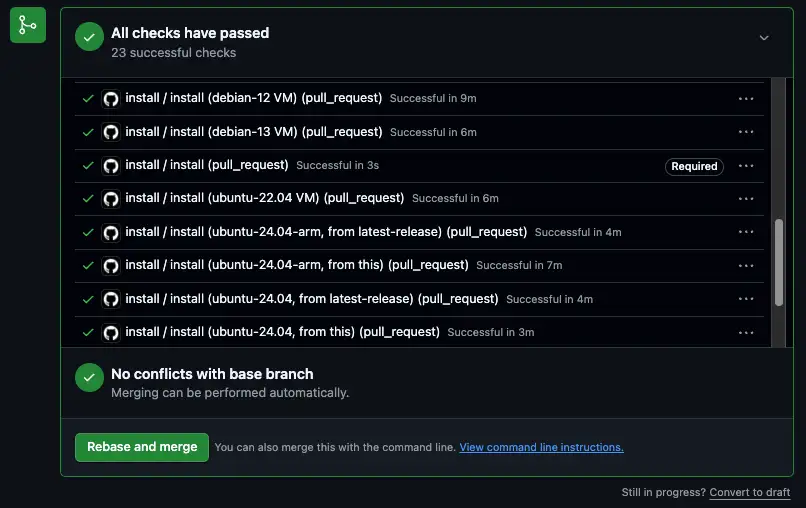 GitHub Actions that show tests of installations.