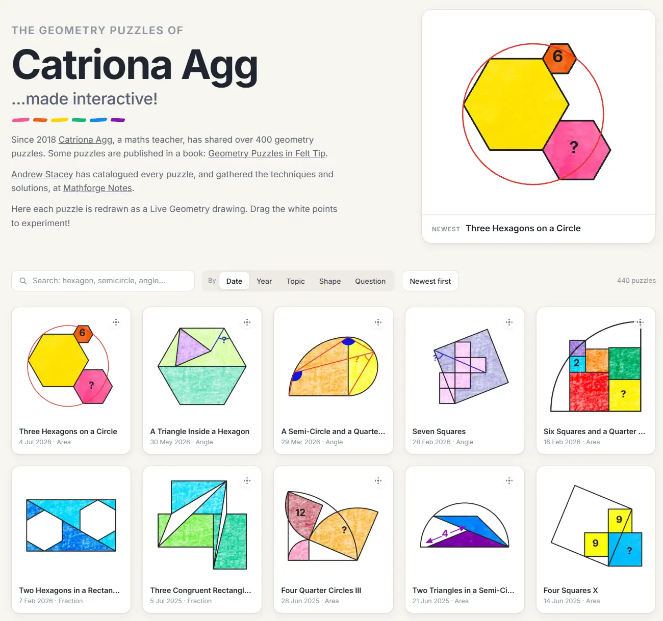A website showing a gallery of colorful geometry puzzle tiles, with hexagons, circles, triangles, etc