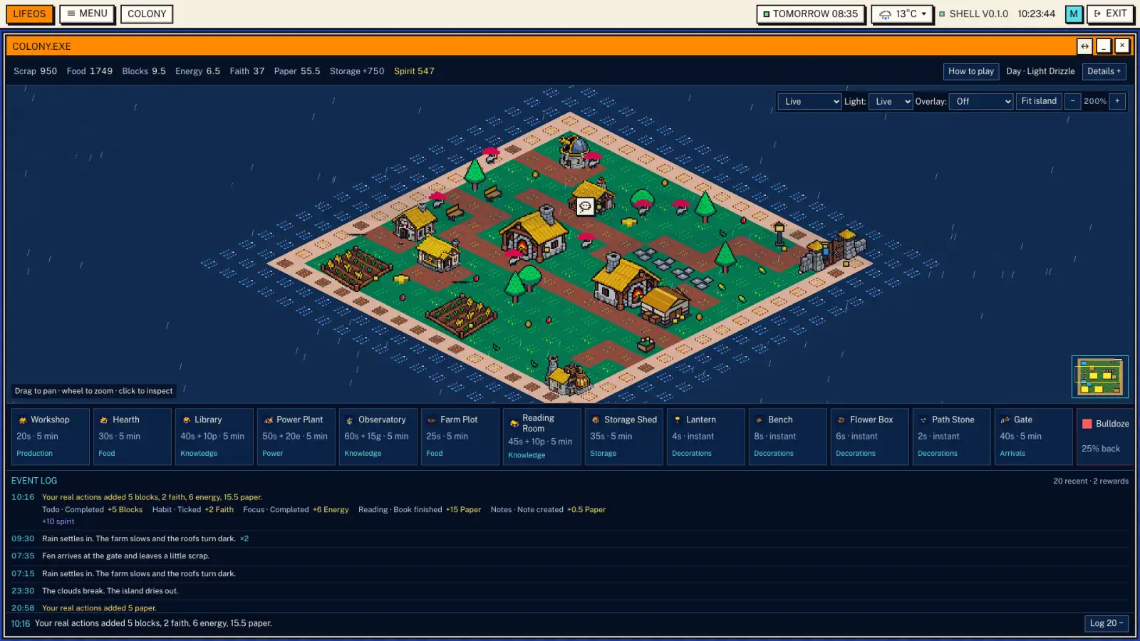 A preview of my Colony Builder Game in the LifeOs showing live weather and citizens going about their day