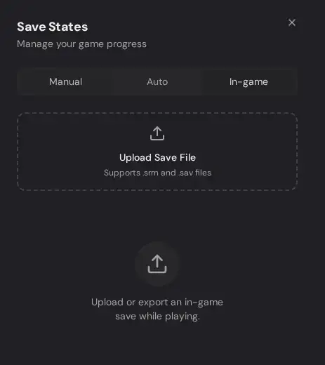 Rebit save manager with the In-game tab selected and Upload Save File area.