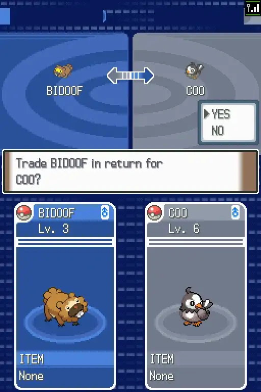 Pokémon Platinum trade confirmation showing Bidoof being exchanged for a Starly nicknamed COO during the Pearl–Platinum trading test.
